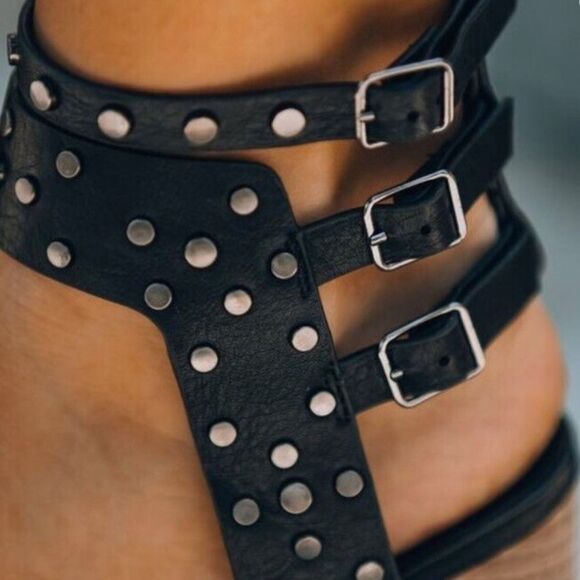VICI 10 Celeste Black Metallic Studded Block Heel Strappy Multi Buckle Sandal - Picture 2 of 13
